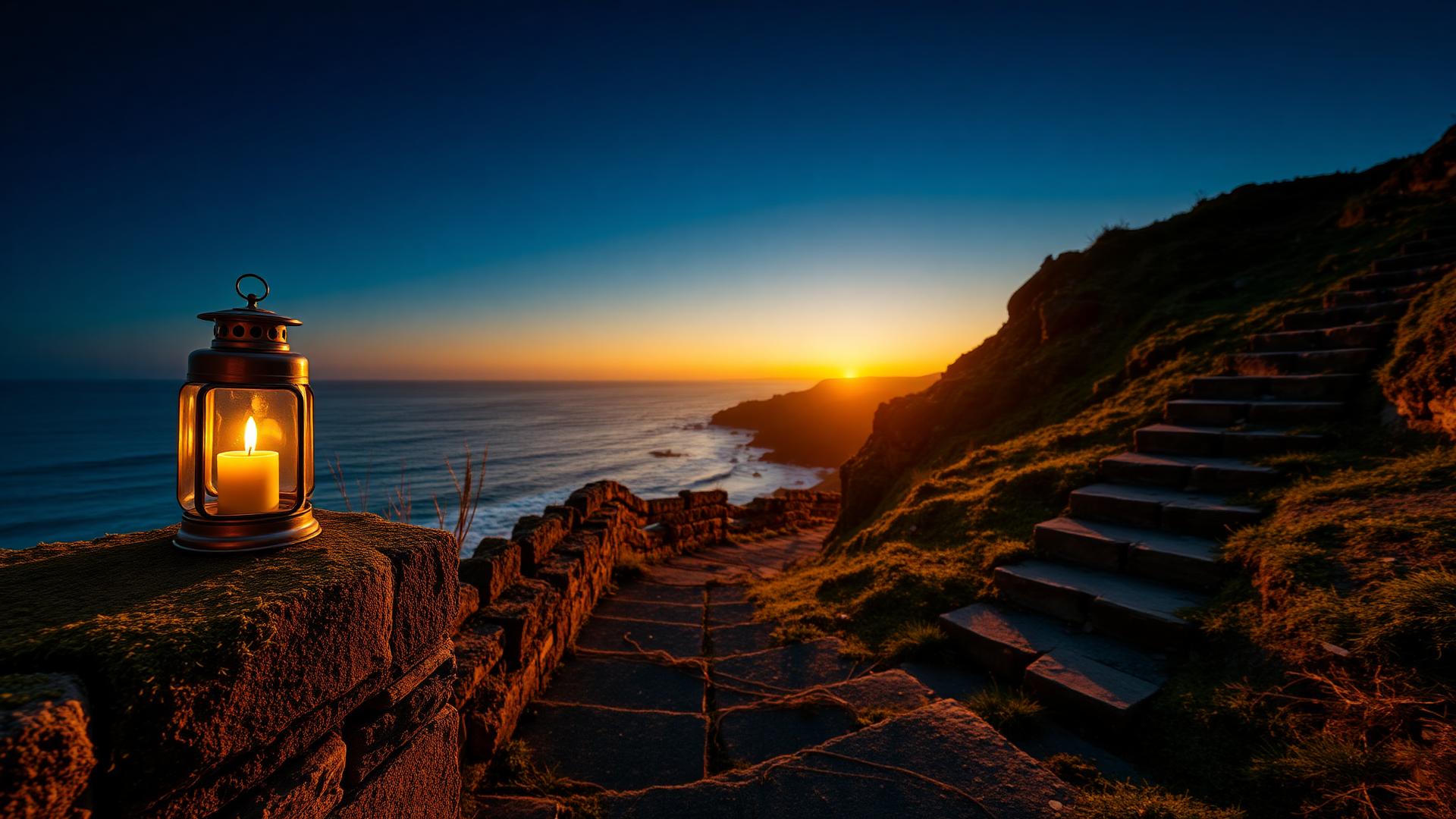 A lit candle lantern on a coastal stone path at sunset